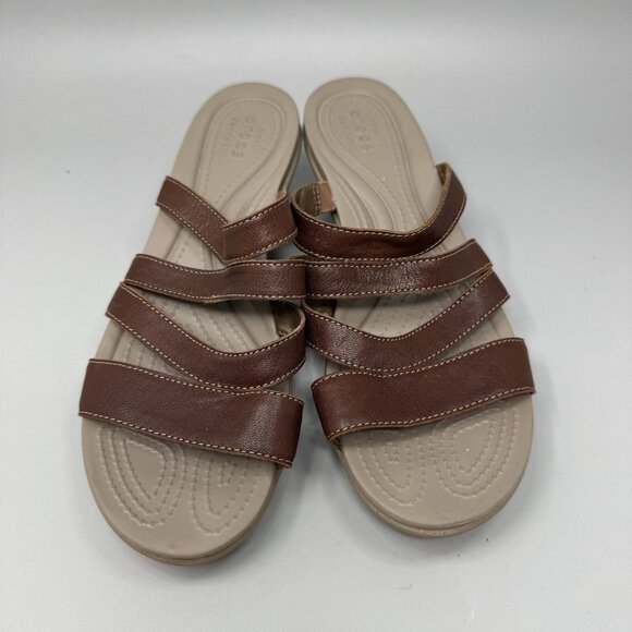 Crocs Womens 9 Brown Leather Strappy Mini Wedge Sandals Slides Leigh Ann 204730 - Picture 5 of 9